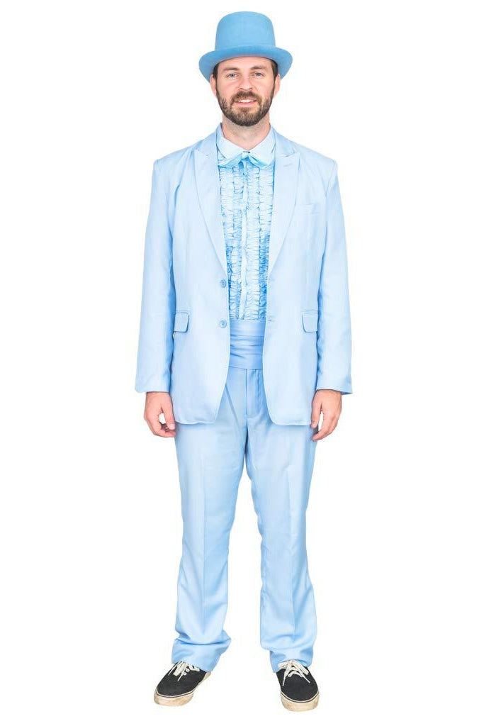 A man modeling a light blue three-piece suit like dumb and dumber with a matching patterned shirt, matching blue bow tie, and a blue bowler hat, standing against a plain white background.