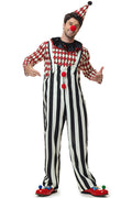 A man modeling a full-body clown costume against a plain white background. The costume includes a black-and-white vertically striped jumpsuit with red buttons, a red-and-white harlequin patterned top, a black ruffled collar, a black-and-white pointed hat with a red pom-pom, and red clown shoes with small colorful accents.