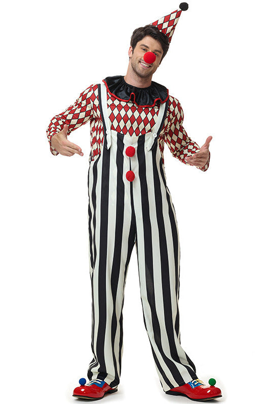 A man modeling a full-body clown costume against a plain white background. The costume includes a black-and-white vertically striped jumpsuit with red buttons, a red-and-white harlequin patterned top, a black ruffled collar, a black-and-white pointed hat with a red pom-pom, and red clown shoes with small colorful accents.