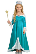 Young girl in a Rosalina princess dress with a crown and wand on a white background