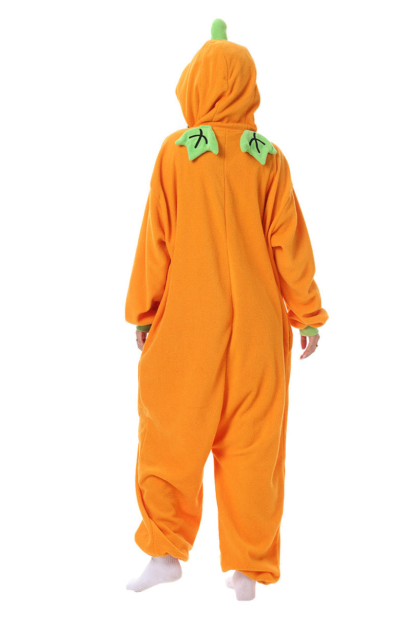 A person wearing a bright orange pumpkin-shaped hooded onesie costume, shown from the back against a plain white background. The costume has green leaf details on the shoulders and a green stem on the hood.