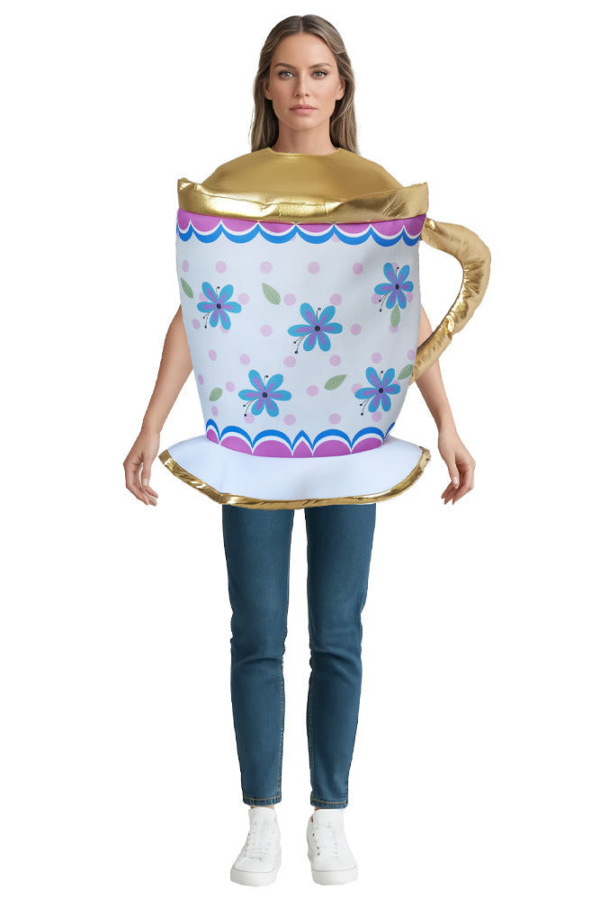 Person wearing a colorful teacup costume on a white background