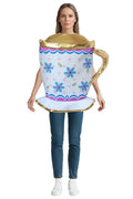 Person wearing a colorful teacup costume on a white background