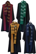 Four long dark witch and wizard school capes with matching striped scarves shown on hangers against a plain white background. The scarves are in burgundy with gold stripes, green with white stripes, mustard yellow with black stripes, and navy blue with white stripes.