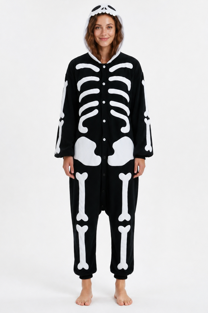 A woman modeling a black and white skeleton-themed hooded one-piece pajama or costume against a plain white studio background.